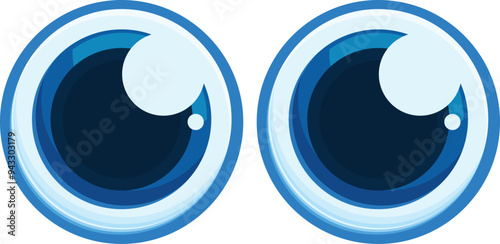 Two big cartoon eyes looking up with blue iris, big pupil and light reflection, isolated over white background