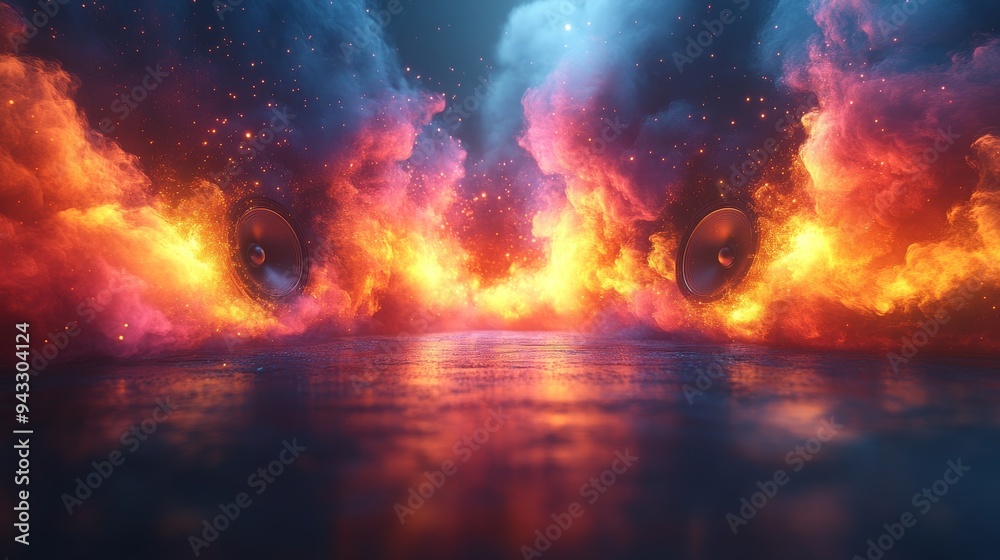 Vibrant flames and colorful smoke envelop speakers, creating a dramatic atmosphere in a dimly lit setting. Vibrant flames and colorful smoke envelop speakers, creating a dramatic atmosphere in a dimly lit setting.
