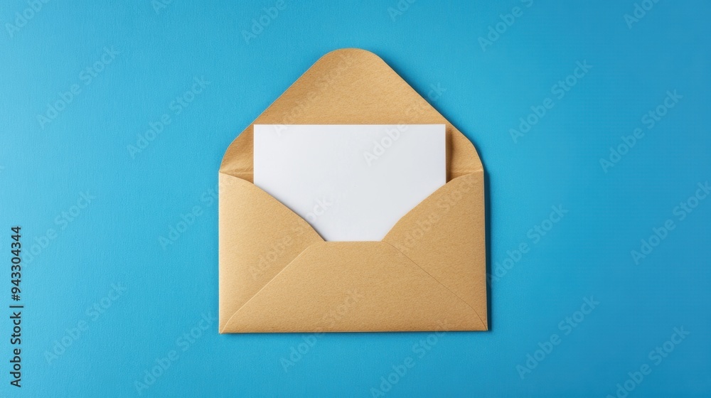 Top view of an open brown kraft envelope with a blank white card inside, placed on a vibrant blue background. Top view of an open brown kraft envelope with a blank white card inside, placed on a vibrant blue background.