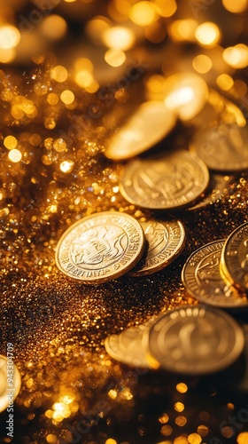 Gold coins surround an elegant price list, creating a lavish display of wealth and luxury on a sparkling background