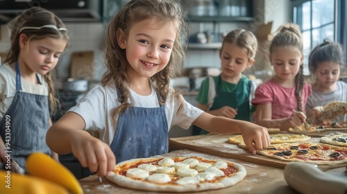 Wallpaper Mural Group of children making pizza together in a kitchen. Torontodigital.ca