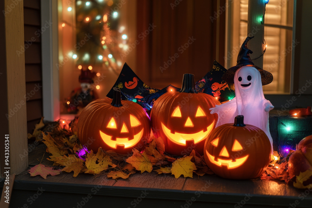 Obraz premium A cozy Halloween porch decorated with smiling jack-o'-lanterns, friendly ghosts, colorful bunting, and cute scarecrows, with soft glowing fairy lights and autumn leaves scattered around, charming