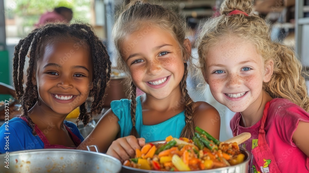 Three diverse girls smiling while cooking together Three diverse girls smiling while cooking together