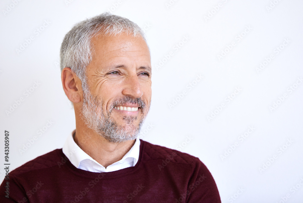 Thinking, idea and face of business man in studio for problem solving, brainstorming and solution. Professional, corporate worker and mature on white background for career space, job and inspiration Thinking, idea and face of business man in studio for problem solving, brainstorming and solution. Professional, corporate worker and mature on white background for career space, job and inspiration