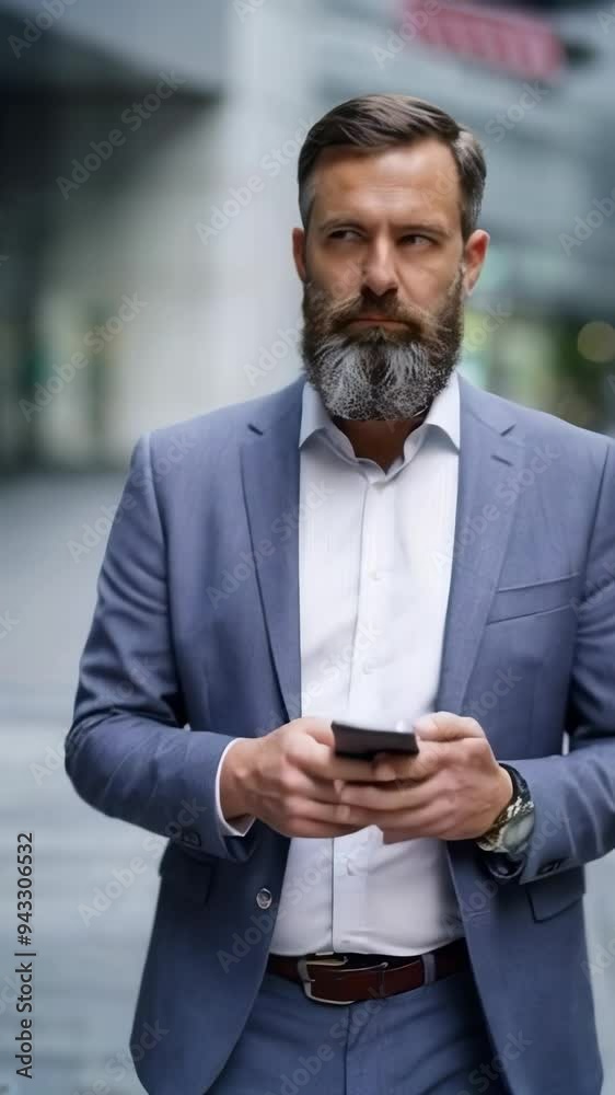 A man in a suit holding a cell phone. He is looking at the phone while walking. A man in a suit holding a cell phone. He is looking at the phone while walking.