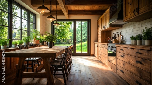 A rustic kitchen with wooden cabinets, exposed beams, and a large farmhouse table