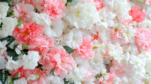 A stunning floral wall filled with pink and white flowers, creating a lush and romantic decorative backdrop, perfect for events or weddings.