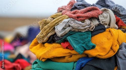 A large pile of colorful used clothes randomly stacked, representing recycling, secondhand fashion, and sustainability in textiles. photo