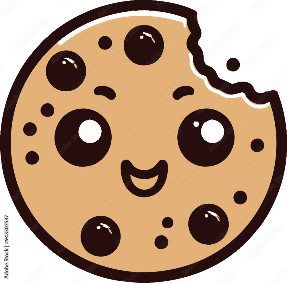 Fototapeta premium A vector of a chocolate chip cookie with a cute, smiling face and a small bite taken out of one side