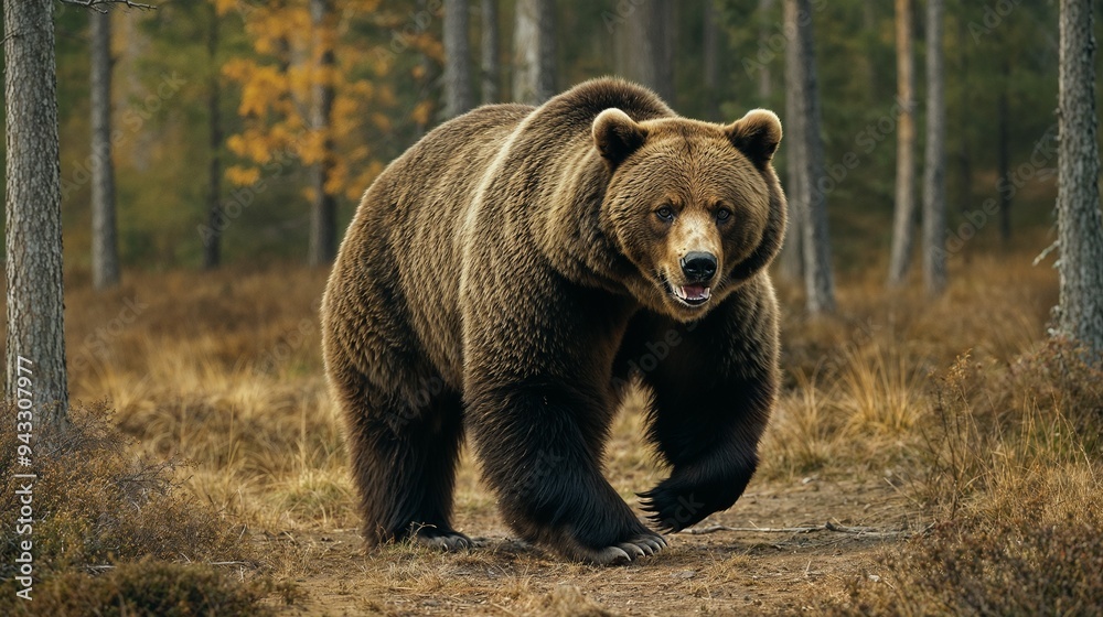 A large brown bear is slowly and steadily walking through a vast forest