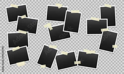 Vector blank photo frames with transparent adhesive tape isolated on transparent background. Template mockup photo design. Torn pieces of masking tape.