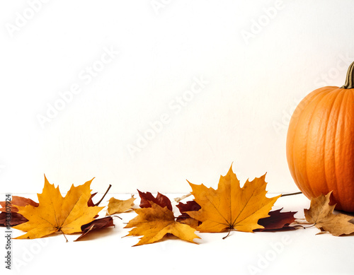 pumpkin and autumn leaves on white. seasonal themes and decorations.  photo