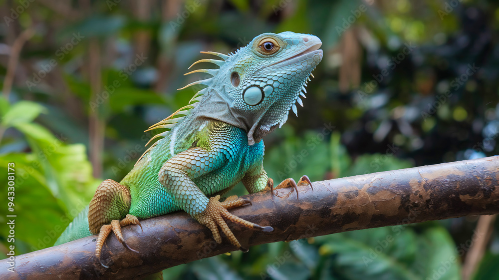 cute baby iguana with green and blue scales sitting on a branch. The iguana has its eyes wide open and is looking upwards. cute baby iguana with green and blue scales sitting on a branch. The iguana has its eyes wide open and is looking upwards.