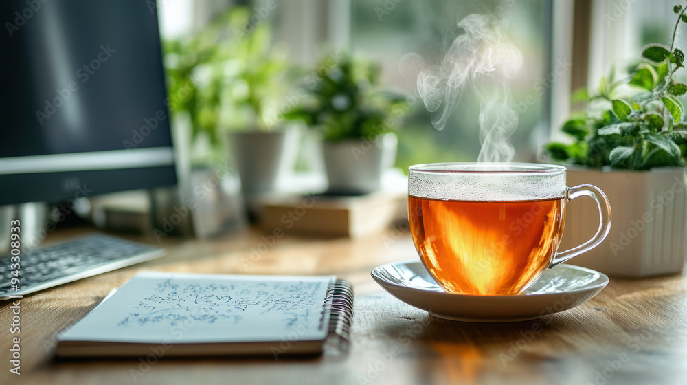 Desk Setup, A tidy desk featuring a computer, an open notebook, and a steaming cup of herbal tea, creating an inviting workspace Desk Setup, A tidy desk featuring a computer, an open notebook, and a steaming cup of herbal tea, creating an inviting workspace