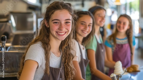 Four teenage girls working at an ice cream shop, smiling and looking at the camera.