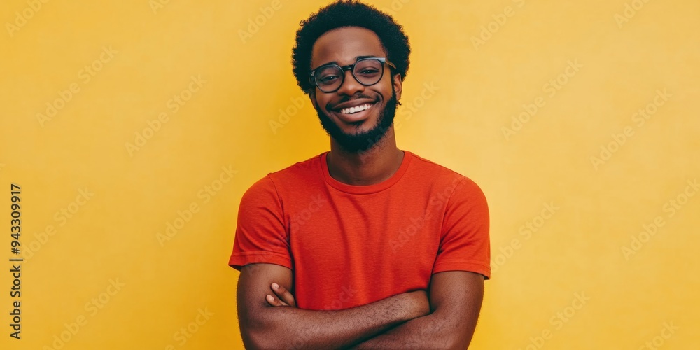 Happy Male Model with Red Shirt and Glasses Happy Male Model with Red Shirt and Glasses