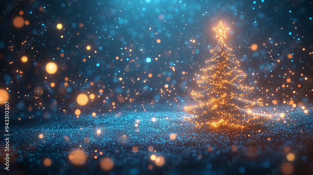 Obraz premium 3D Christmas tree with a glowing star on a blue background, an illustration of a digital and Christmas concept. Glowing particles in the air. Shiny dots flying around. Blue festive