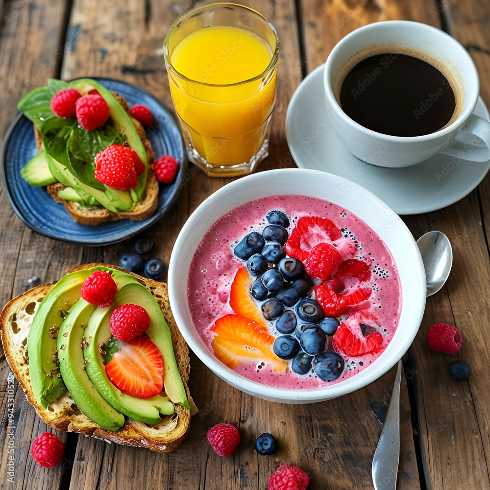 Colorful Overhead Shot of a Healthy Breakfast on Rustic Table Colorful Overhead Shot of a Healthy Breakfast on Rustic Table