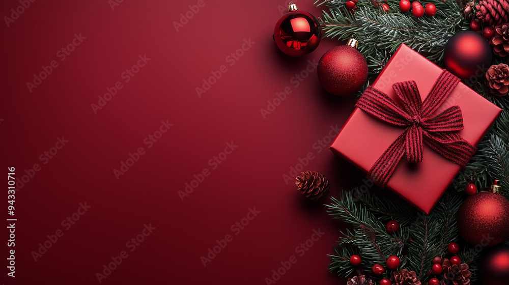 Christmas background with a red gift box, fir branches, and decorations on the right side of a dark red color banner with a copy space area. Christmas background with a red gift box, fir branches, and decorations on the right side of a dark red color banner with a copy space area.