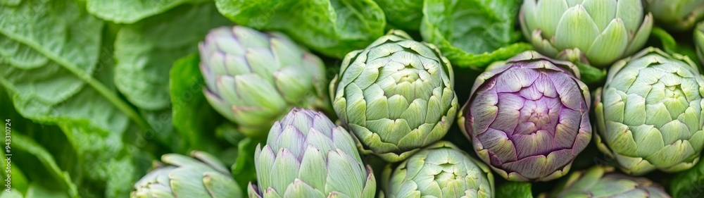 Green and Purple Artichoke Flower Buds Pattern, top view of vibrant artichoke buds against a minimalist background, showcasing their intricate textures and colors in a clean space. Green and Purple Artichoke Flower Buds Pattern, top view of vibrant artichoke buds against a minimalist background, showcasing their intricate textures and colors in a clean space.