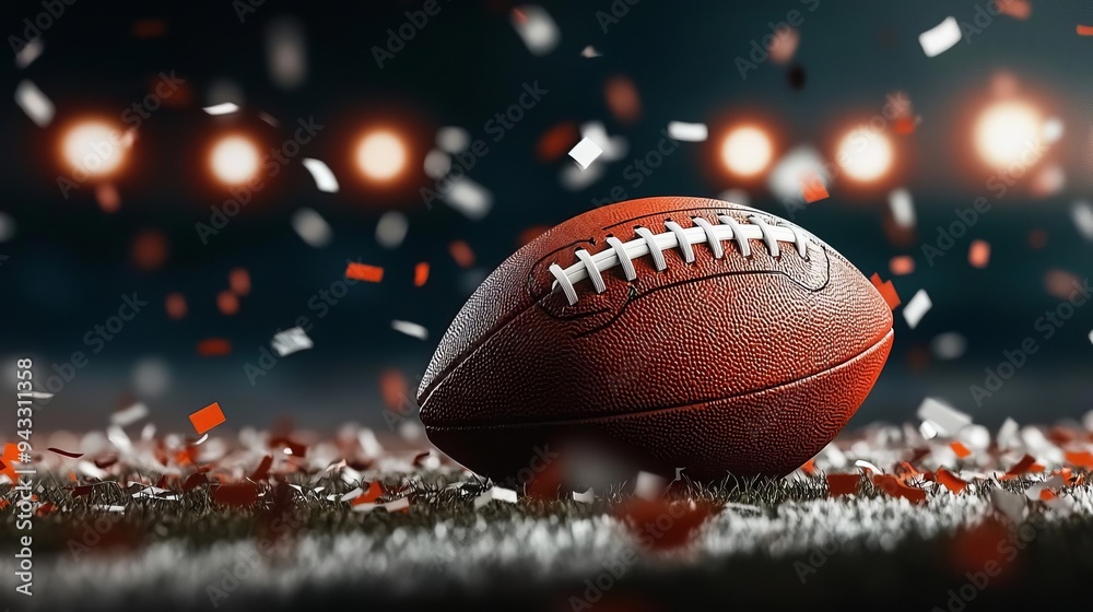 Football resting on the goal line, confetti drifting down, illuminated by stadium lights, touchdown moment, celebration scene Football resting on the goal line, confetti drifting down, illuminated by stadium lights, touchdown moment, celebration scene