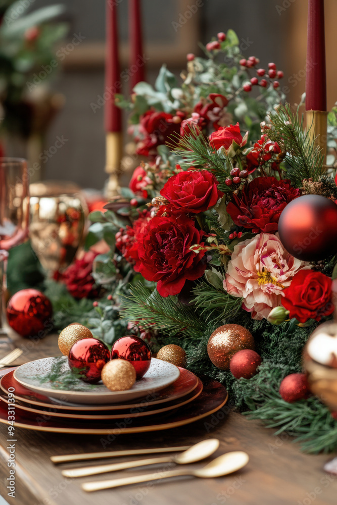 Festive Table Setting, A beautifully arranged table for a festive event, showcasing seasonal flowers, greenery, and decorative ornaments for an elegant atmosphere Festive Table Setting, A beautifully arranged table for a festive event, showcasing seasonal flowers, greenery, and decorative ornaments for an elegant atmosphere