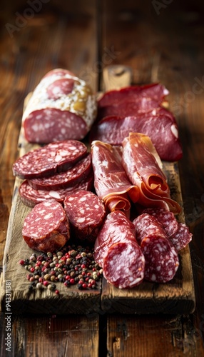 Variety of sliced dried cured meat salami sausage with spices on wooden cutting board, rustic style photo