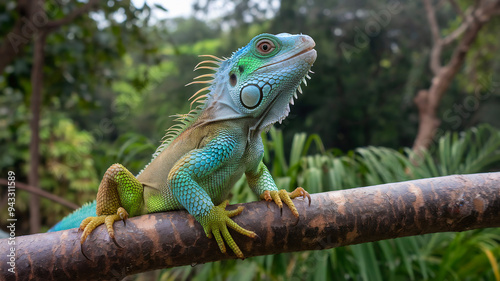 cute baby iguana with green and blue scales sitting on a branch. The iguana has its eyes wide open and is looking upwards.