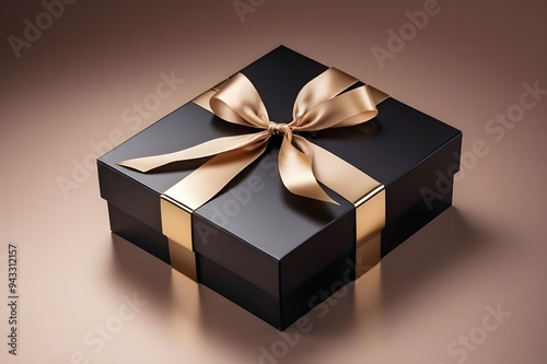 A sleek, black gift box with a glossy finish and a gold ribbon is isolated on elegant background. photo