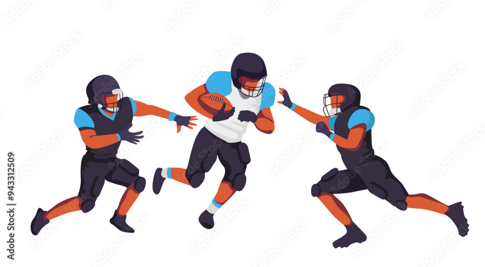A running back evades two defenders while advancing with the football in an intense moment of the game. Vector illustration A running back evades two defenders while advancing with the football in an intense moment of the game. Vector illustration