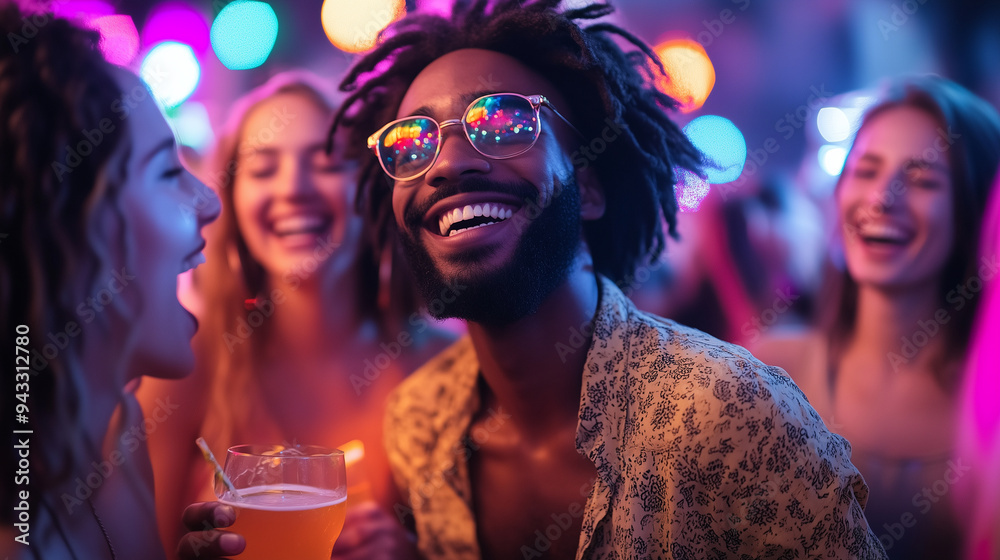 A group of friends celebrating at an energetic party with colorful laser lights and drinks in hand, smiling and laughing as they dance under the vibrant glow. A group of friends celebrating at an energetic party with colorful laser lights and drinks in hand, smiling and laughing as they dance under the vibrant glow.