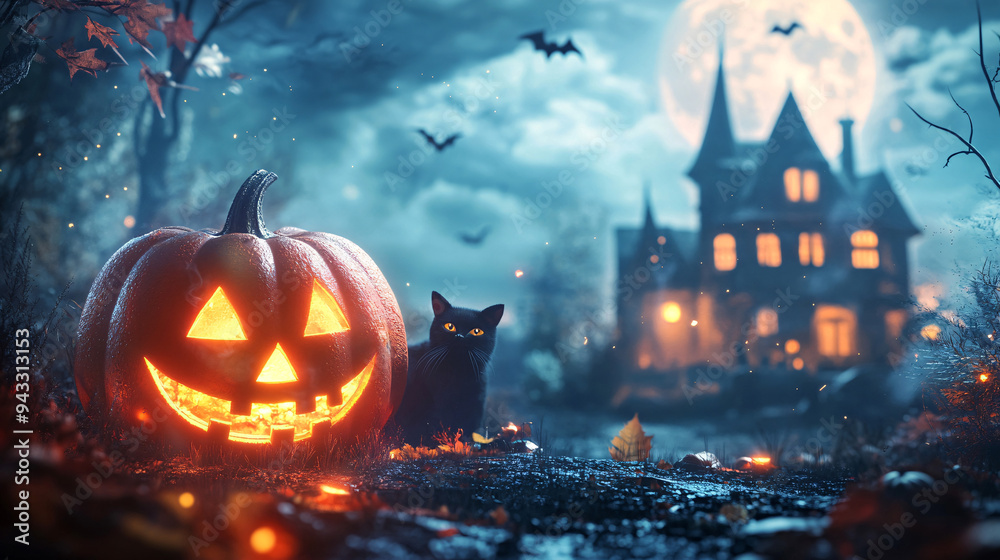 Creepy Halloween Landscape with Flying Bats and Glowing Pumpkins Creepy Halloween Landscape with Flying Bats and Glowing Pumpkins