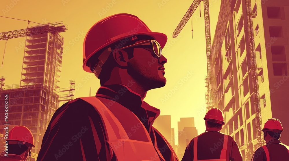 Obraz premium Construction Worker Looking at a Building Under Construction