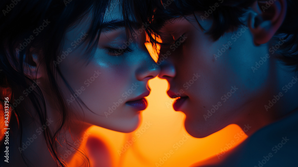 Portrait of a young man and woman in love, with blue light on their faces and an orange background. They have dark hair, and the image has high contrast, a cinematic feel Portrait of a young man and woman in love, with blue light on their faces and an orange background. They have dark hair, and the image has high contrast, a cinematic feel