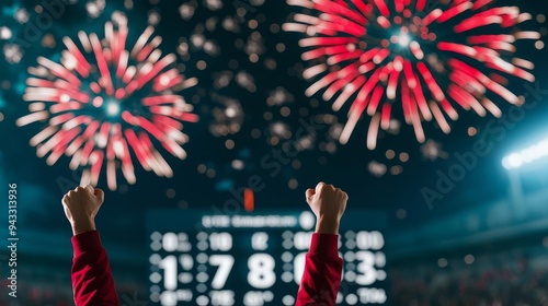 Scoreboard showing a winning touchdown, fireworks lighting up the night sky, victory moment, football celebration photo