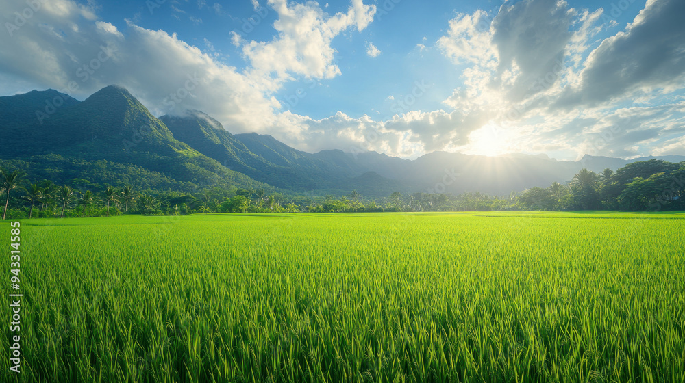 Rice Paddy Field, A vibrant green rice paddy field set against a stunning mountain backdrop, showcasing the natural beauty of rural landscapes and agriculture Rice Paddy Field, A vibrant green rice paddy field set against a stunning mountain backdrop, showcasing the natural beauty of rural landscapes and agriculture