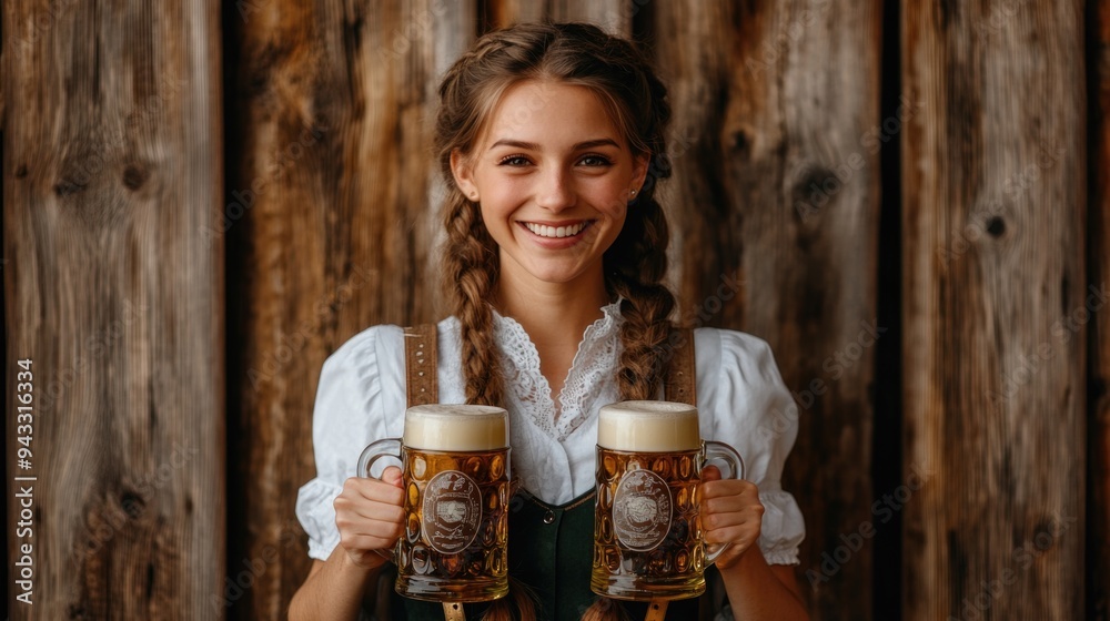 Close-up photo of a woman in dirndl, traditional festival dress, holding two mugs of beer in her hands. Oktoberfest, St. Patrick’s day, international beer day concept. Close-up photo of a woman in dirndl, traditional festival dress, holding two mugs of beer in her hands. Oktoberfest, St. Patrick’s day, international beer day concept.