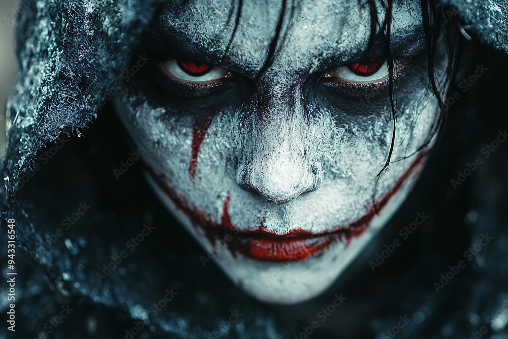 Halloween make-up design featuring a boy with a sinister look, perfect for Halloween parties and spooky events with copy space. Halloween make-up design featuring a boy with a sinister look, perfect for Halloween parties and spooky events with copy space.