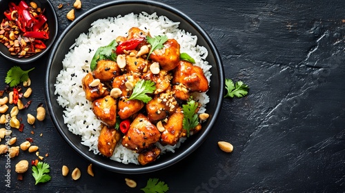Dish of Thai food with chicken, rice, and nuts on a dark background, top view banner. Spicy and aromatic. Asian cuisine concept.