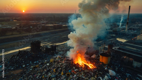 Sunset casts a fiery glow over an industrial landscape as smoke billows from factory chimneys