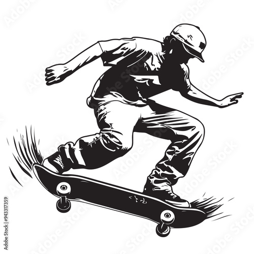 Dynamic Silhouette of a Young Man Enthusiastically Skateboarding in Action Against a Clean White Background