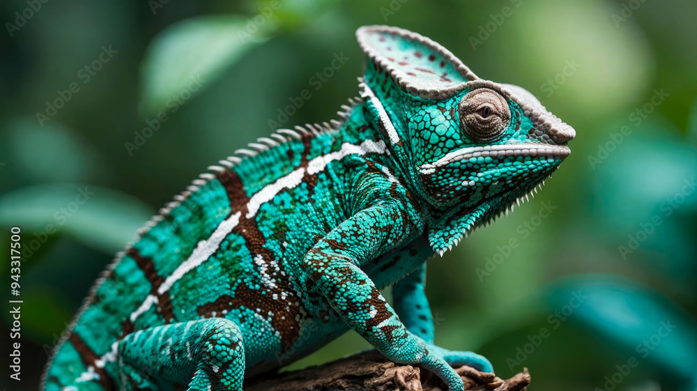 Fototapeta premium A vibrant turquoise chameleon with detailed scales, set against a green natural backdrop