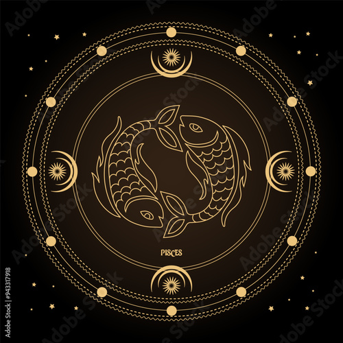 Pisces zodiac sign, astrological horoscope sign in a mystical circle with moon, sun and stars. Golden design, vector