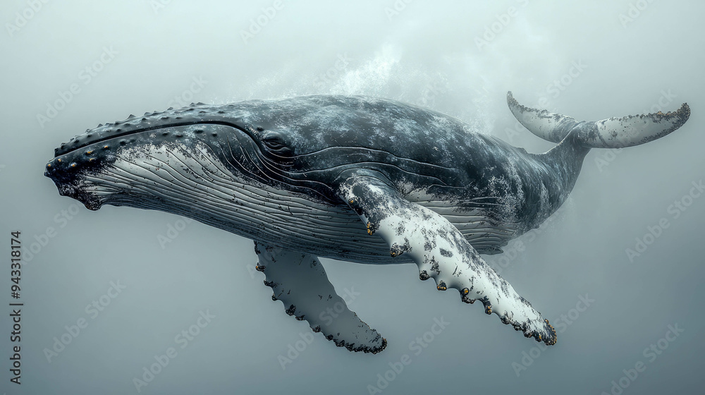 Obraz premium A majestic humpback whale breaching through the ocean surface, surrounded by splashing water and underwater light reflections