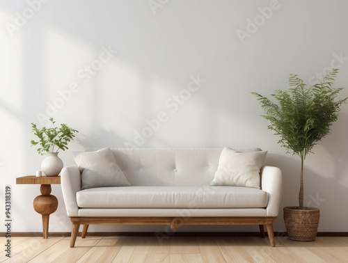 White Sofa with Wooden Legs in a Minimalist Living Room