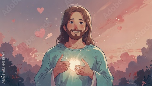 Jesus Holding Heart in Hands, Symbol of Love and Compassion, Spiritual and Religious Representation of Devotion new stock image illustration AI photo