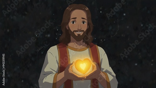 Jesus Holding Heart in Hands, Symbol of Love and Compassion, Spiritual and Religious Representation of Devotion new stock image illustration AI photo