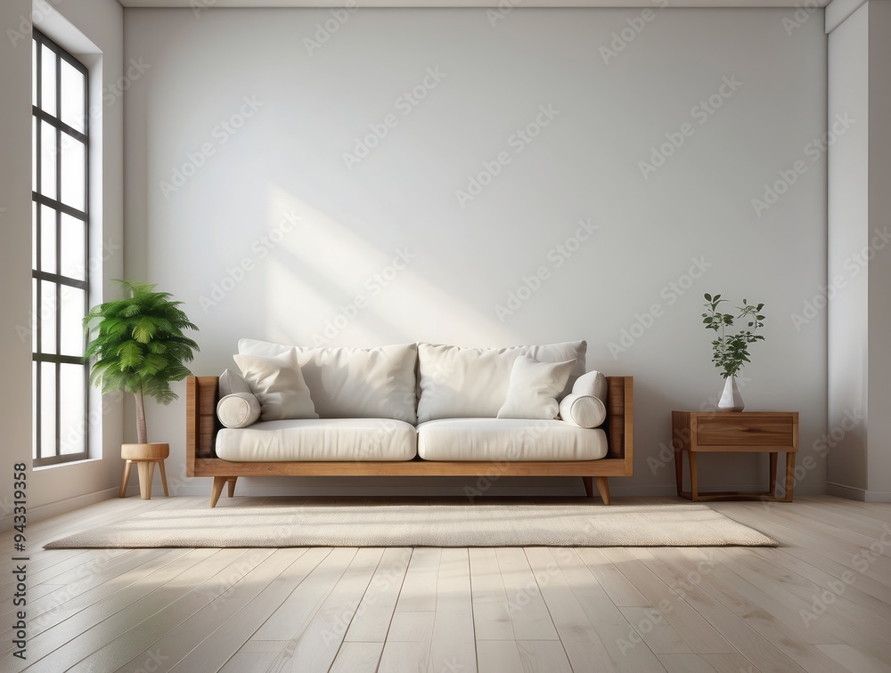 Fototapeta premium Minimalist Living Room with White Couch and Wooden Accents