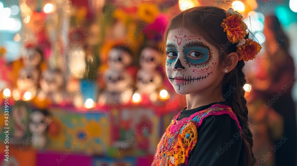 7. A young girl with face paint, dressed as a sugar skull, standing in front of a brightly decorated altar 7. A young girl with face paint, dressed as a sugar skull, standing in front of a brightly decorated altar