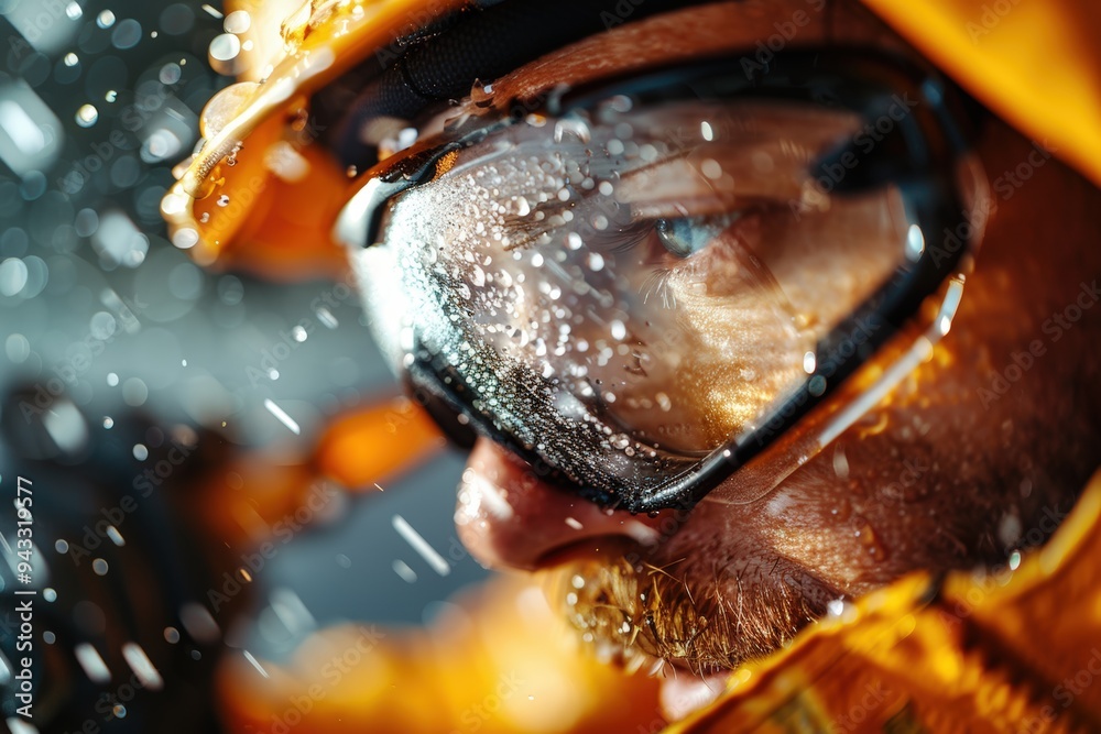 Electrician fixing light bulb issue in rainy outdoor setting